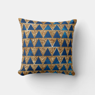 Elegant Navy Blue Gold Glitter Triangle Pattern Cushion