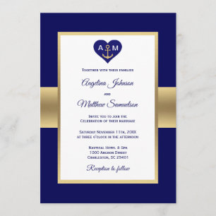 Elegant Navy Blue Gold Heart Nautical Wedding Invitation