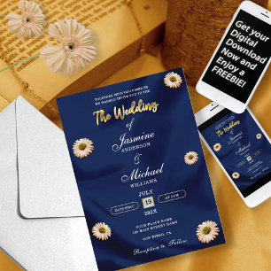 Elegant Navy Blue Gold Ivory Beige Floral Wedding Invitation