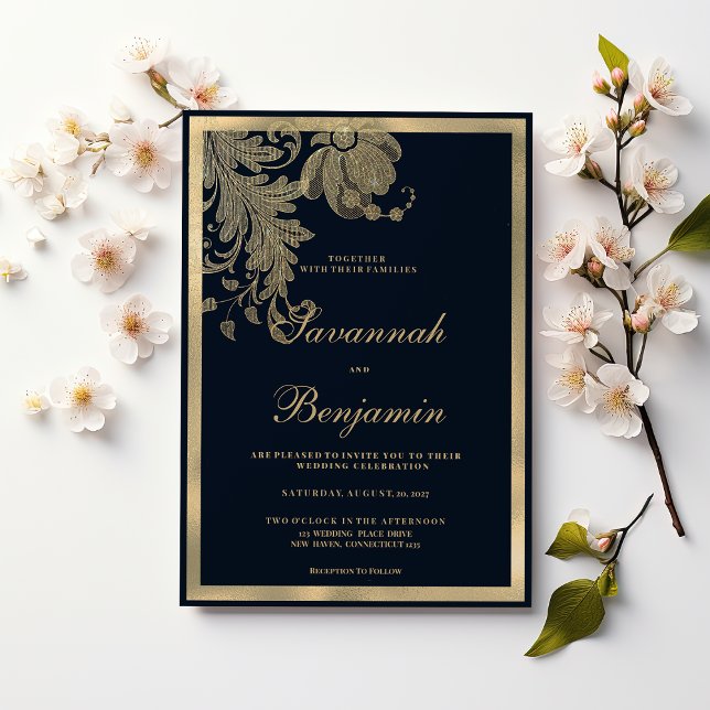 Elegant navy blue gold lace floral wedding invitation (Elegant navy blue gold lace floral wedding)