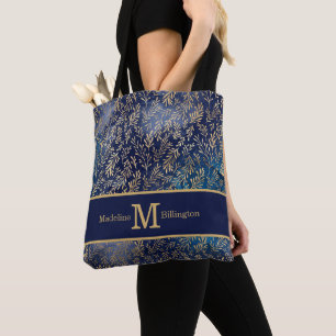 Elegant Navy Blue Gold Leaves Monogram Name Tote Bag