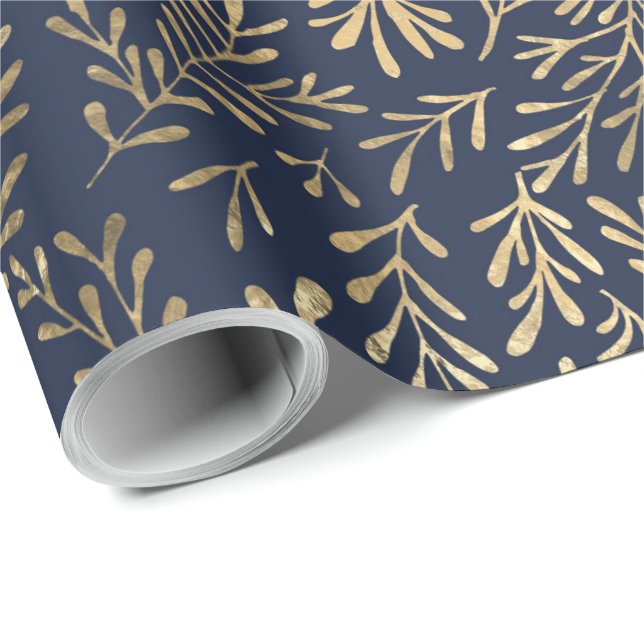 Elegant Navy Blue Gold Leaves Wrapping Paper (Roll Corner)