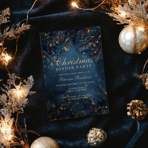 Elegant Navy Blue Gold Lights Pine Party Christmas Invitation
