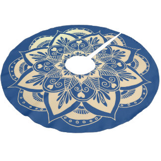 Elegant Navy Blue Gold Mandala Boho Christmas Brushed Polyester Tree Skirt