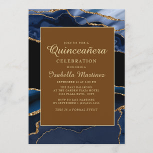 Elegant Navy Blue Gold Marble Agate Quinceañera Invitation