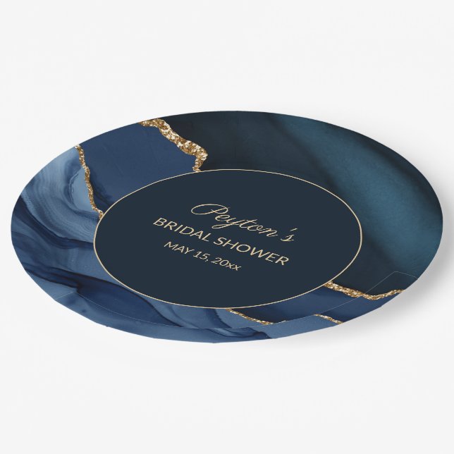 Elegant Navy Blue Gold Marble Bridal Shower Paper Plate (Angled)