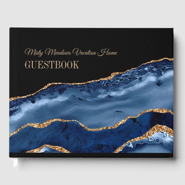 Elegant Navy Blue Gold Marble Vacation Rental Guest Book (Front)
