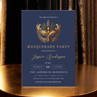 Elegant Navy Blue Gold Masquerade Party Birthday
