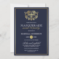 Elegant Navy Blue & Gold Masquerade Sweet 16 Party