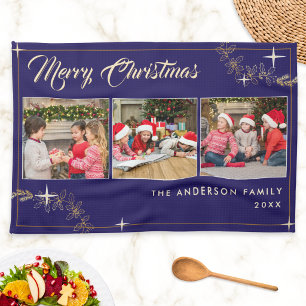 Elegant Navy Blue Gold Merry Christmas 3 Photo Tea Towel