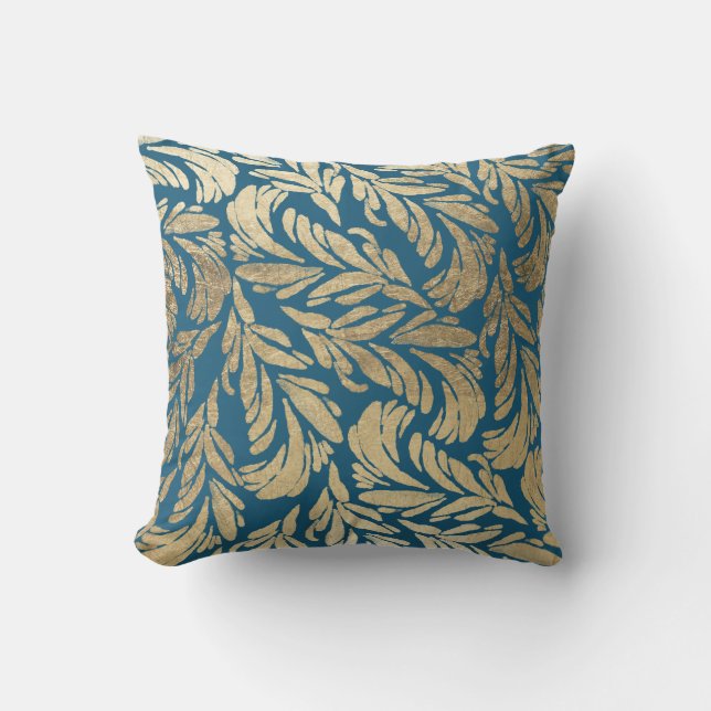 Elegant navy blue gold modern floral damask cushion (Front)