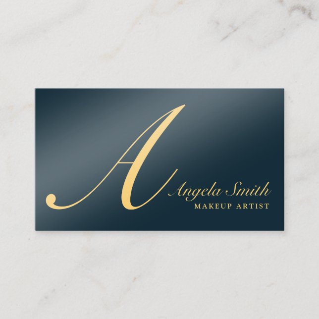 Elegant navy blue gold monogram initial classy business card (Front)