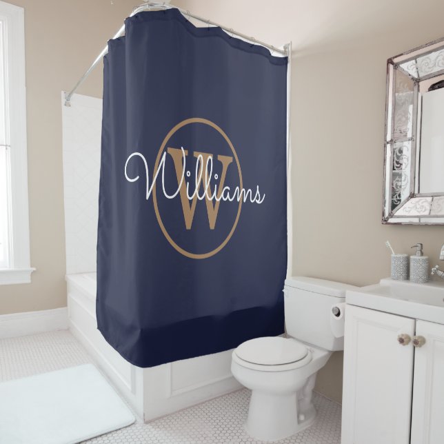 Elegant Navy Blue Gold Monogram Script Name Shower Curtain (In Situ)