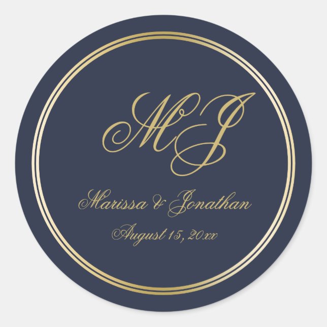 Elegant Navy Blue Gold Monogram Script Wedding Classic Round Sticker (Front)