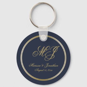 Elegant Navy Blue Gold Monogram Script Wedding Key Ring