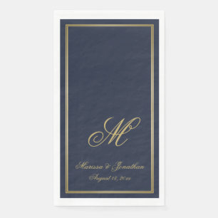 Elegant Navy Blue Gold Monogram Script Wedding Napkin