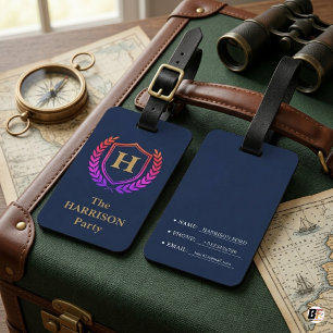 Elegant Navy Blue Gold Monogram Shield Family Luggage Tag