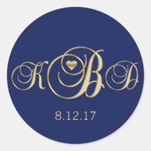 Elegant Navy Blue Gold Monogram Wedding Classic Round Sticker