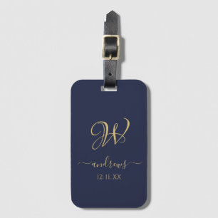 Elegant navy blue gold monogrammed Luggage Tag