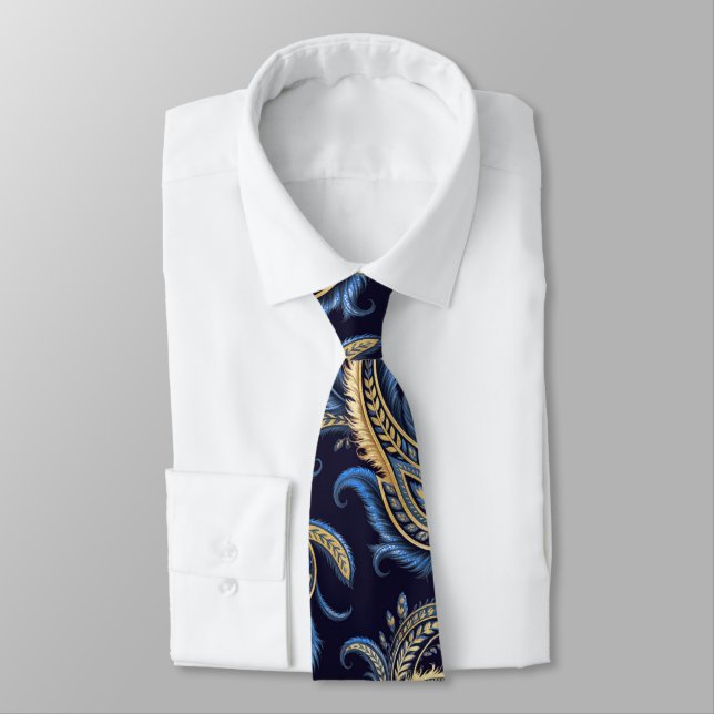 Elegant Navy Blue & Gold Paisley Tie – Classic (Tied)