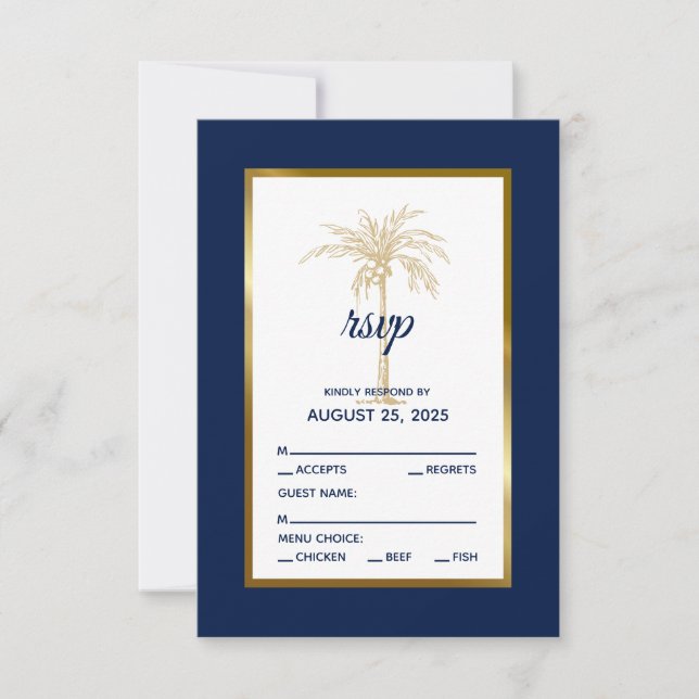 Elegant Navy Blue Gold Palm Tree Beach Wedding RSVP Card (Front)