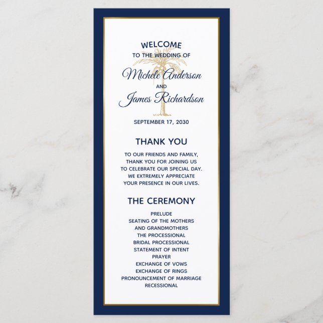 Elegant Navy Blue Gold Palm Tree Modern Wedding Program (Front)