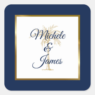 Elegant Navy Blue Gold Palm Tree Modern Wedding Square Sticker