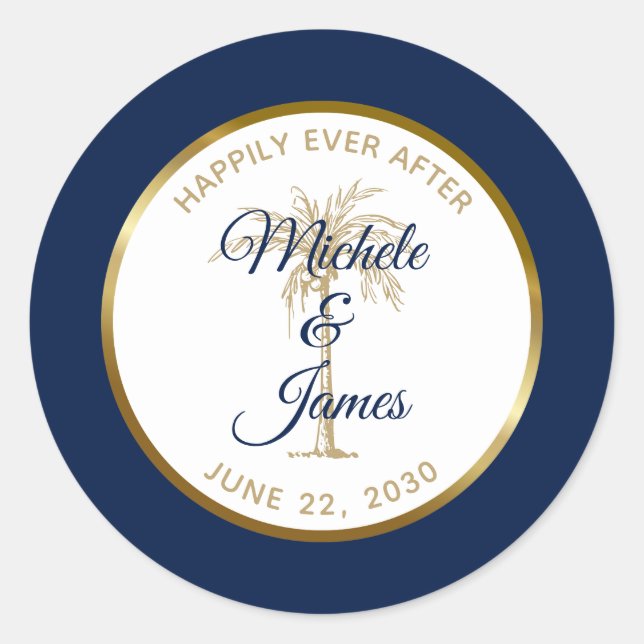 Elegant Navy Blue Gold Palm Tree Tropical Wedding Classic Round Sticker (Front)