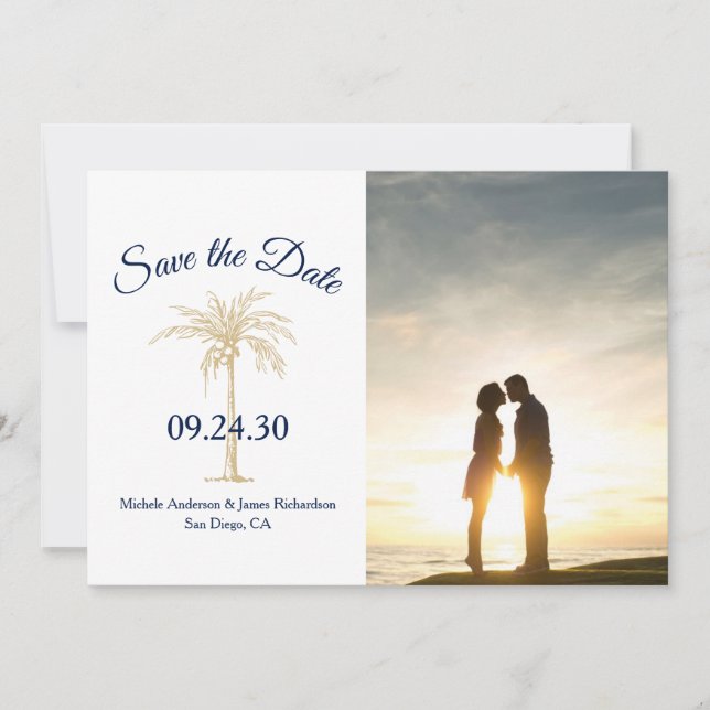 Elegant Navy Blue Gold Palm Tree Wedding Photo Save The Date (Front)