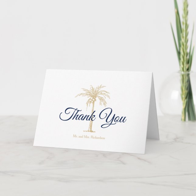 Elegant Navy Blue Gold Palm Tree Wedding Photo Thank You Card (Front)