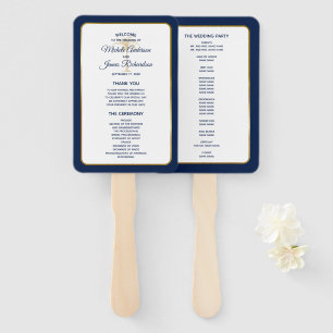 Elegant Navy Blue Gold Palm Tree Wedding Program Hand Fan