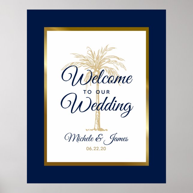 Elegant Navy Blue Gold Palm Tree Wedding Welcome Poster (Front)