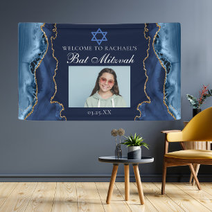 Elegant Navy Blue Gold Photo Bat Mitzvah Party Banner