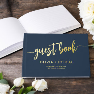 Elegant Navy Blue Gold Photo Minimalist Script Guest Book