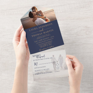 Elegant Navy Blue & Gold Photo Wedding  All In One Invitation