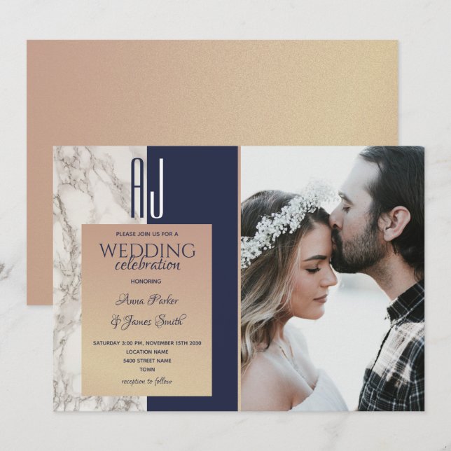 Elegant Navy Blue Gold Photo Wedding Invitation (Front/Back)