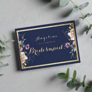 Elegant navy blue gold pink floral Bridesmaid Invitation
