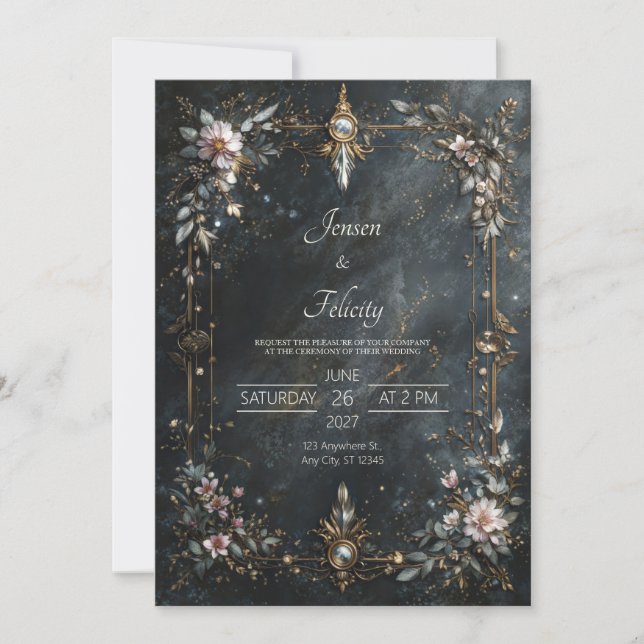 Elegant Navy Blue Gold Pink Floral Night Wedding Invitation (Front)
