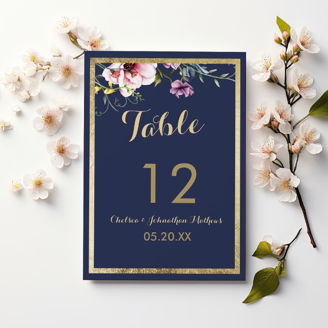 Elegant navy blue gold pink floral Table Numbers (Elegant navy blue gold pink floral Table Numbers)