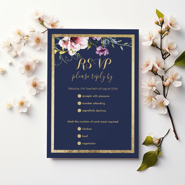 Elegant navy blue gold pink floral wedding RSVP (Elegant navy blue gold pink floral wedding RSVP )