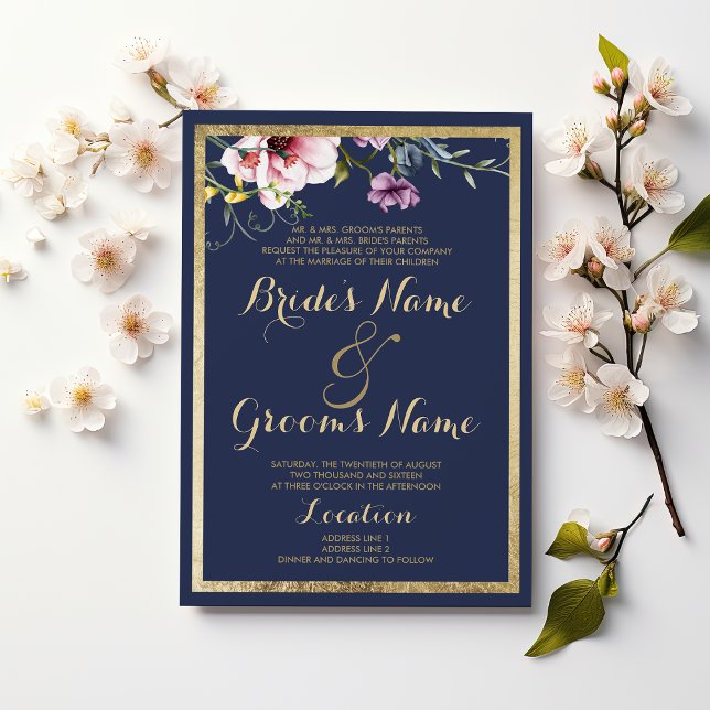 Elegant navy blue gold pink mint floral Wedding Invitation (Elegant navy blue gold pink mint floral Wedding )