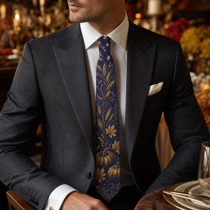 Elegant Navy Blue Gold Pumpkin Thanksgiving Formal Tie