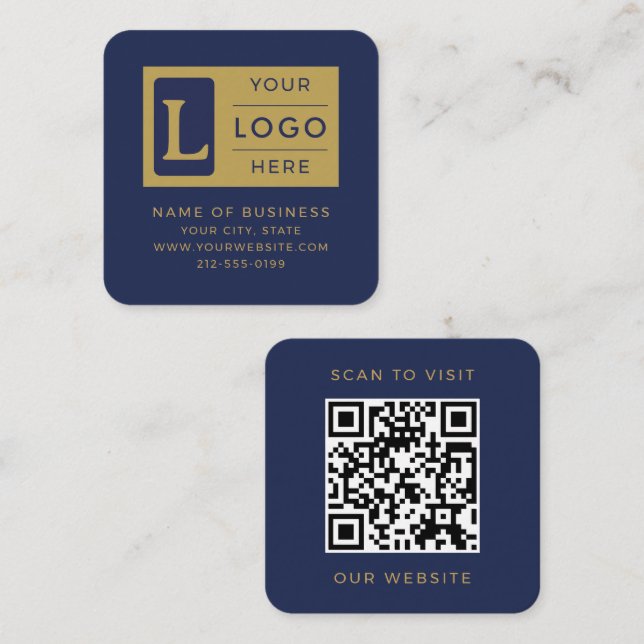 Elegant Navy Blue Gold QR Code Custom Logo Square Business Card (Front/Back)