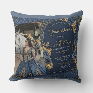 Elegant Navy Blue & Gold Quinceañera Photo Cushion