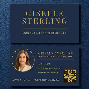Elegant Navy Blue Gold Real Estate Agent QR Code Business Card