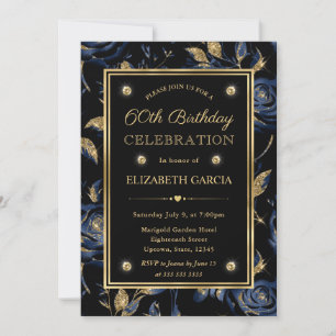 Elegant Navy Blue & Gold Rose Floral 60th Birthday Invitation