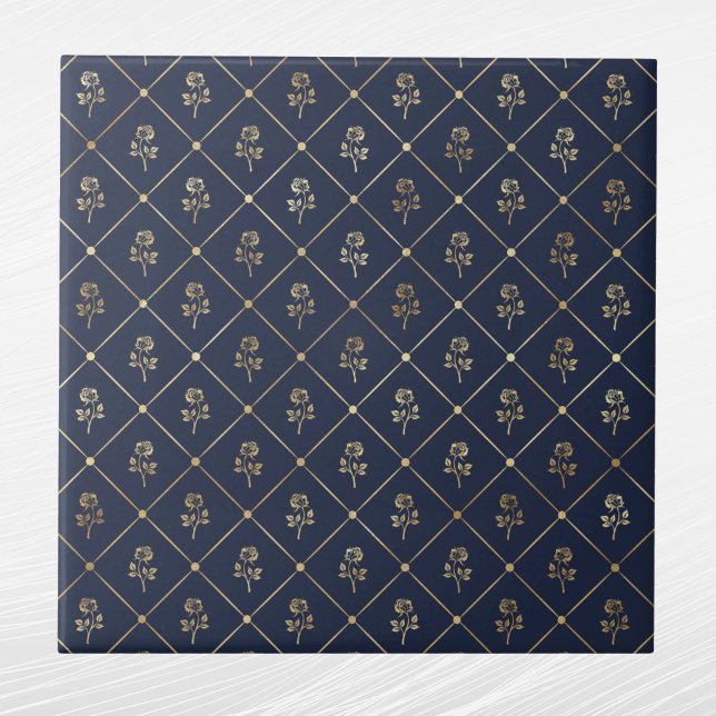 Elegant Navy Blue Gold Roses Ceramic Tile (Creator Uploaded)