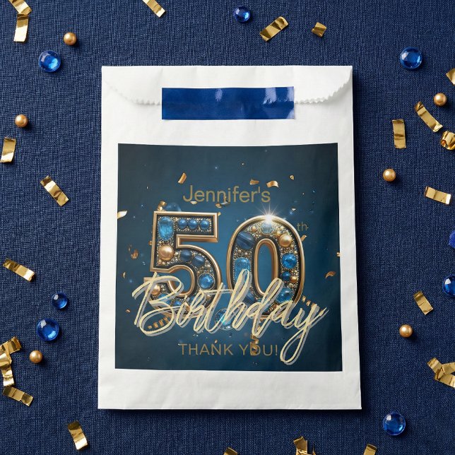 Elegant Navy Blue Gold Sapphire Gems 50th Birthday Favour Bag (Creator Uploaded)