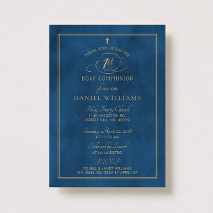Elegant Navy Blue & Gold Script 1st Holy Communion Invitation