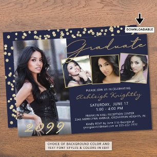 Elegant Navy Blue Gold Script 4 Photo Graduate Invitation